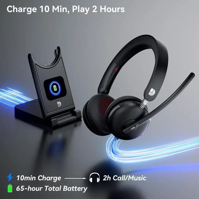 Alt view image 11 of 14 - Wireless Headset with Mic for Work-Bluetooth 5.3 Headset with Microphone Noise Cancelling, Wireless Headsets with 65H Battery & 10Min Fast Charge, Smart Charging Dock for PC/Laptop/Team, Black
