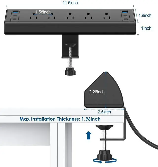 Alt view image 14 of 14 - Desk Clamp Power Strip USB C,40W Total Fast Charging Station,4 PD 20W USB C Ports,Desk Edge Mount Surge Protector,5 Outlets,Fit 1.96" Tabletop Edge,ETL Listed
