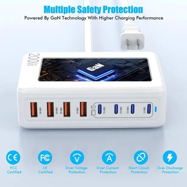 Alt view image 10 of 14 - USB C Charger Block,200W GaN 8 Port USB C Charging Station USB Hub Block Cube Type C & USB A Wall Charger Power Adapter for Multiple Devices Apple iPhone 16/15/14,Steam Deck,MacBook Pro/Air,iPad Pro