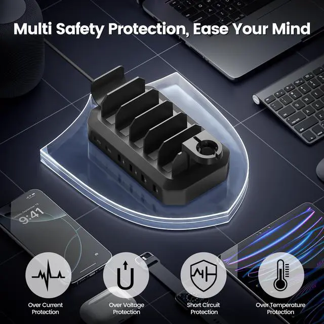 Alt view image 11 of 14 - 190W Fast Charging Station for Multiple DevicesEfficient & Safe Charging 6 Port USB Charger Station - Family Multi-Device Organizer Charging Dock Compatible with iPhone/Android/MacBook/iPad/Tablet