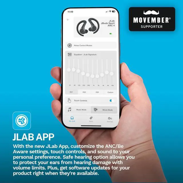 Alt view image 13 of 14 - JBuds Sport ANC 4 True Wireless Bluetooth Earbuds + Charging Case, Graphite, Swipe + Touch Controls, Hybrid Active Noise Cancelation, Multipoint Connect, Customized Settings App