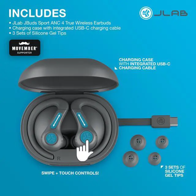 Alt view image 14 of 14 - JBuds Sport ANC 4 True Wireless Bluetooth Earbuds + Charging Case, Graphite, Swipe + Touch Controls, Hybrid Active Noise Cancelation, Multipoint Connect, Customized Settings App