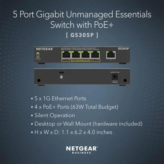 Alt view image 8 of 12 - 5-Port PoE Gigabit Ethernet Unmanaged Essentials Switch (GS305P) - with 4 x PoE+ @ 63W, Desktop or Wall Mount