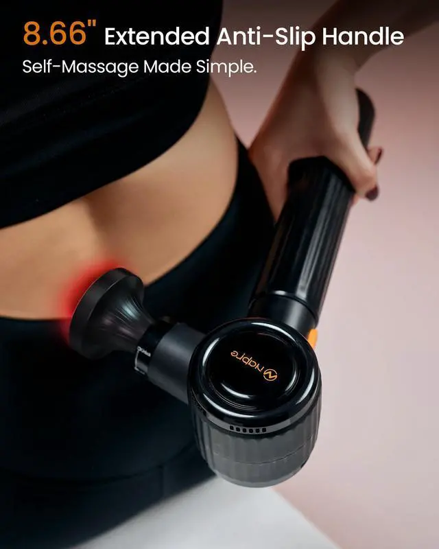 Alt view image 5 of 7 - Massage Gun with Heat,Massage Gun Deep Tissue with Extension Handle & 3 Adjustable Angles,Handheld Percussion Back Massager for Muscle/Neck/Body Pain Relief with Portable Case,Black