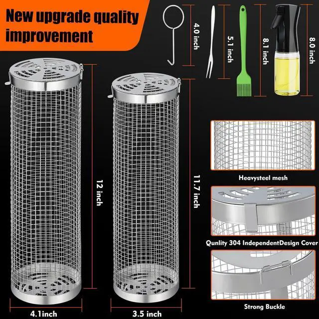 Alt view image 2 of 7 - 10-Piece BBQ Set: 2 Rolling Grill Baskets for Effortless Flipping, 304 Stainless Steel for Easy Clean, Sausage & Vegetables, Oil Bottle, Forks, Brushes, Outdoor Camping Grilling Accessories