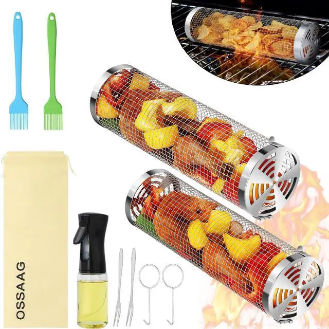 Main image of 10-Piece BBQ Set: 2 Rolling Grill Baskets for Effortless Flipping, 304 Stainless Steel for Easy Clean, Sausage & Vegetables, Oil Bottle, Forks, Brushes, Outdoor Camping Grilling Accessories
