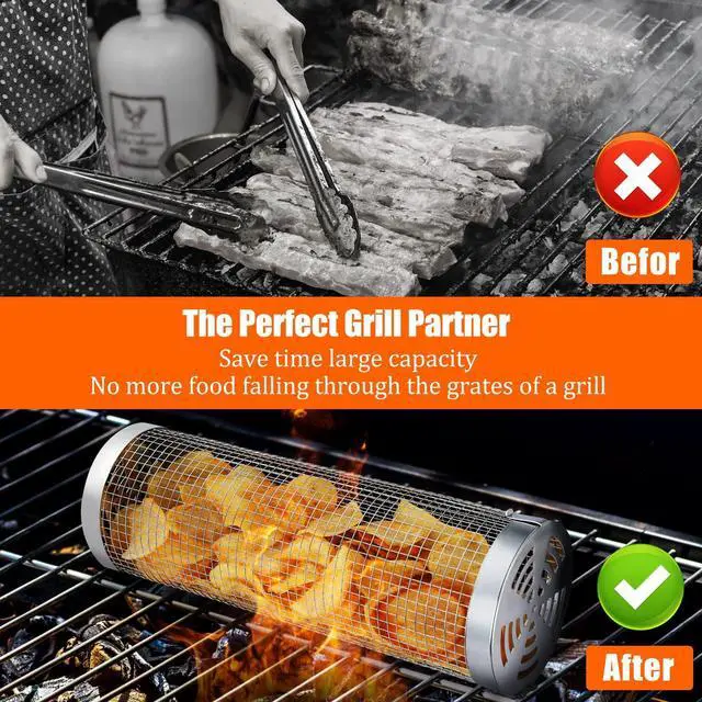 Alt view image 3 of 7 - 10-Piece BBQ Set: 2 Rolling Grill Baskets for Effortless Flipping, 304 Stainless Steel for Easy Clean, Sausage & Vegetables, Oil Bottle, Forks, Brushes, Outdoor Camping Grilling Accessories