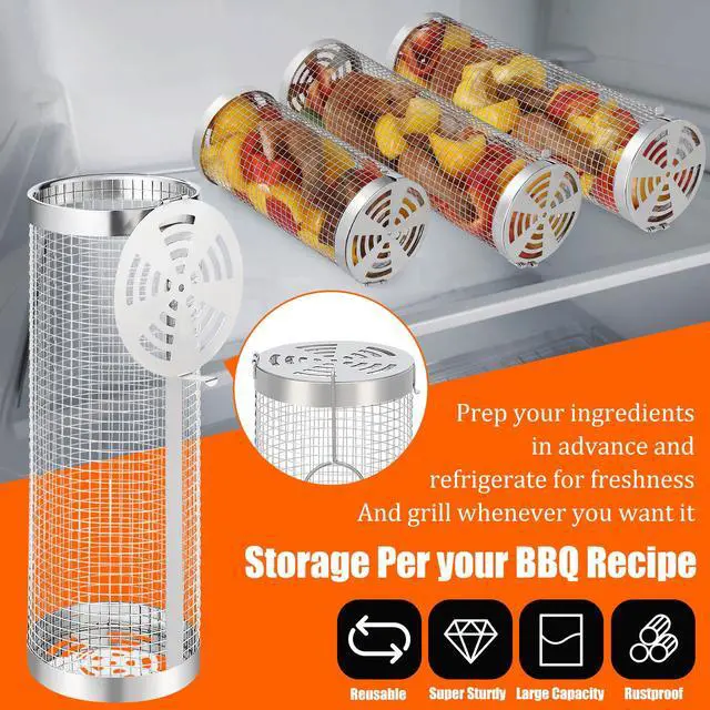 Alt view image 4 of 7 - 10-Piece BBQ Set: 2 Rolling Grill Baskets for Effortless Flipping, 304 Stainless Steel for Easy Clean, Sausage & Vegetables, Oil Bottle, Forks, Brushes, Outdoor Camping Grilling Accessories