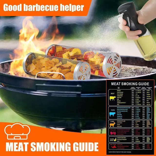 Alt view image 6 of 7 - 10-Piece BBQ Set: 2 Rolling Grill Baskets for Effortless Flipping, 304 Stainless Steel for Easy Clean, Sausage & Vegetables, Oil Bottle, Forks, Brushes, Outdoor Camping Grilling Accessories