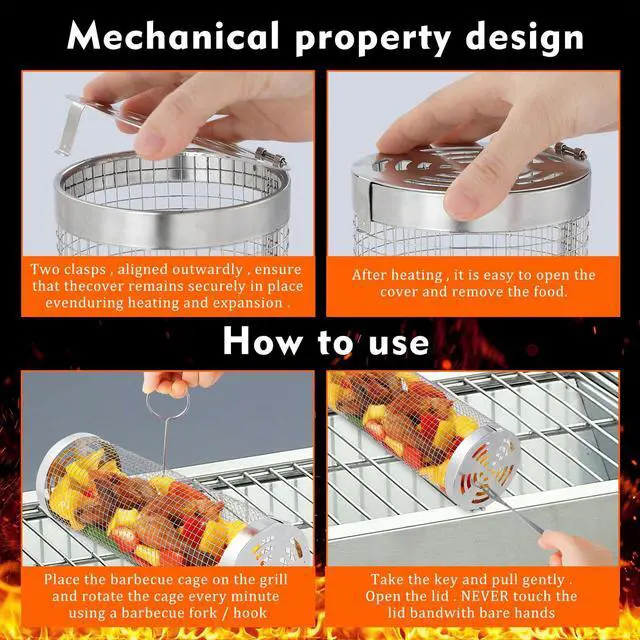 Alt view image 7 of 7 - 10-Piece BBQ Set: 2 Rolling Grill Baskets for Effortless Flipping, 304 Stainless Steel for Easy Clean, Sausage & Vegetables, Oil Bottle, Forks, Brushes, Outdoor Camping Grilling Accessories