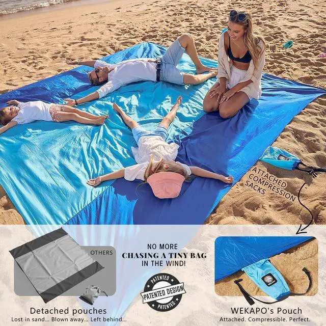 Alt view image 3 of 7 - Beach Blanket Sandproof, Beach Mat, Big & Compact Sand Free Mat Quick Drying, Lightweight & Durable with 6 Stakes & 4 Corner Pockets, Standard (1~3 person)