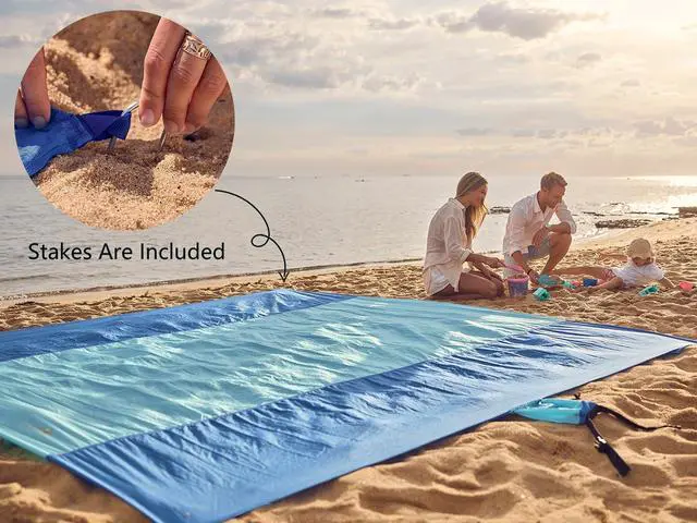 Alt view image 6 of 7 - Beach Blanket Sandproof, Beach Mat, Big & Compact Sand Free Mat Quick Drying, Lightweight & Durable with 6 Stakes & 4 Corner Pockets, Standard (1~3 person)