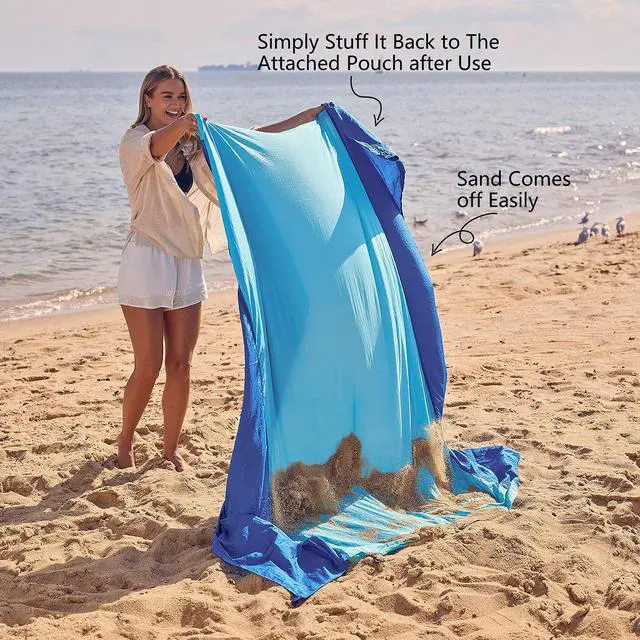 Alt view image 5 of 7 - Beach Blanket Sandproof, Beach Mat, Big & Compact Sand Free Mat Quick Drying, Lightweight & Durable with 6 Stakes & 4 Corner Pockets, Standard (1~3 person)