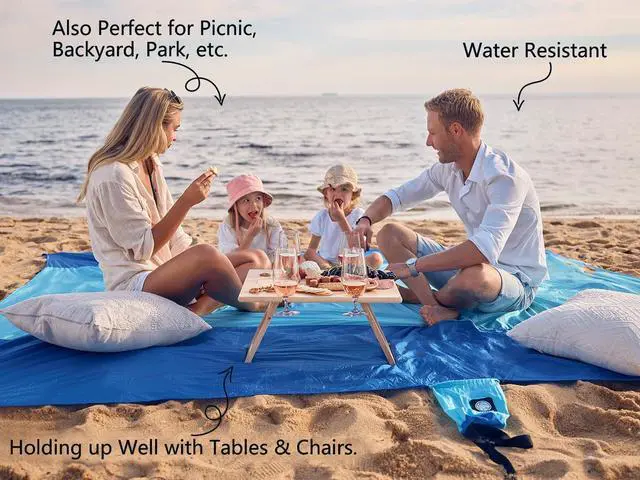 Alt view image 4 of 7 - Beach Blanket Sandproof, Beach Mat, Big & Compact Sand Free Mat Quick Drying, Lightweight & Durable with 6 Stakes & 4 Corner Pockets, Standard (1~3 person)