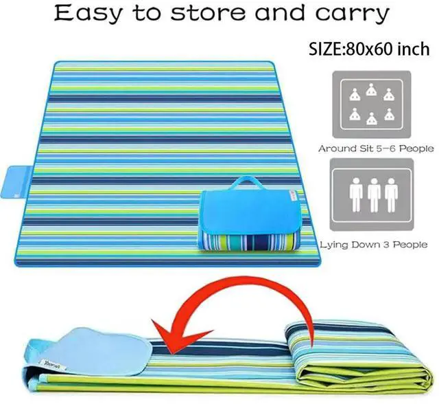 Alt view image 5 of 7 - Beach Blanket Outdoor Picnic Blankets Mat 80"x60" Extra Large Waterproof Sand Proof Camping Blanket Lightweight Folding Portable Travel Blanket for Family Park Beach Grass (Blue Line)