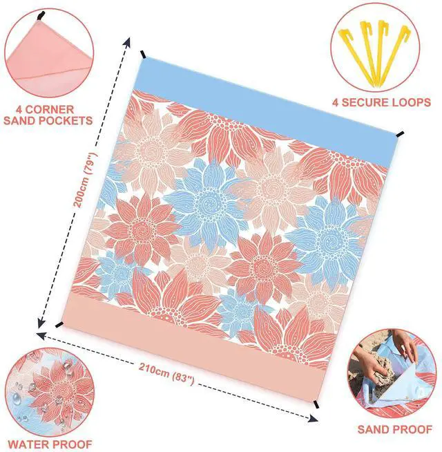 Alt view image 2 of 6 - Beach Blanket Sandproof Extra Large Beach Mat Adults Waterproof Quick Drying Sand Free Mat Made By Premium Polyester with 4 Stakes & 4 Corner Pockets for Outdoor Travel Camping Hiking