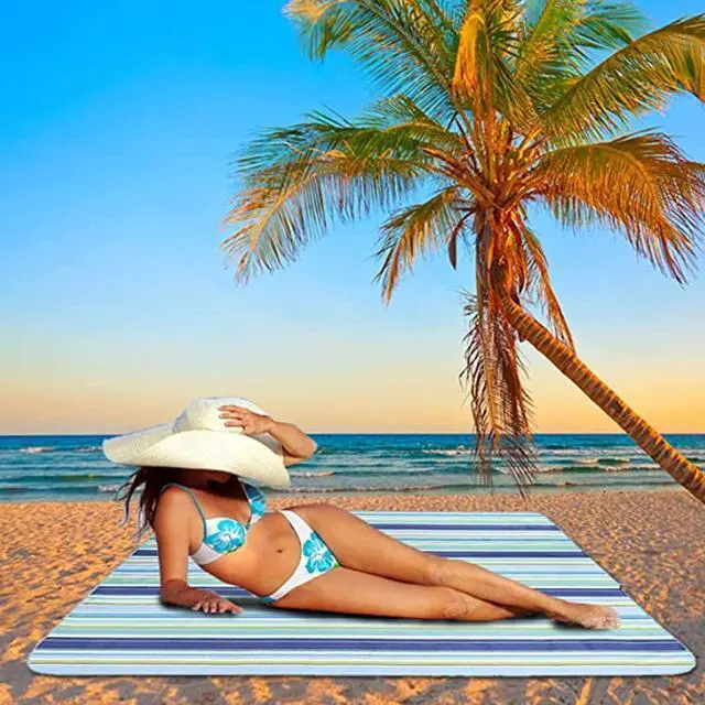 Alt view image 4 of 7 - Large 80"x 60" Beach Blanket, Outdoor Picnic Blankets, Waterproof Sandproof Portable Blankets, Foldable and Lightweight for Spring Summer Camping, Beach, Park (Blue)
