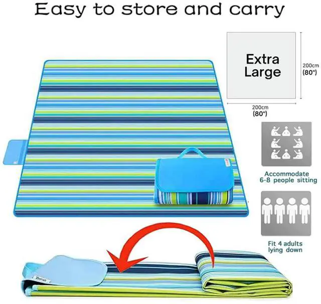 Alt view image 5 of 7 - Large 80"x 60" Beach Blanket, Outdoor Picnic Blankets, Waterproof Sandproof Portable Blankets, Foldable and Lightweight for Spring Summer Camping, Beach, Park (Blue)