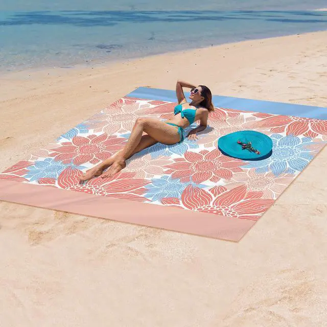 Alt view image 5 of 6 - Beach Blanket Sandproof Extra Large Beach Mat Adults Waterproof Quick Drying Sand Free Mat Made By Premium Polyester with 4 Stakes & 4 Corner Pockets for Outdoor Travel Camping Hiking
