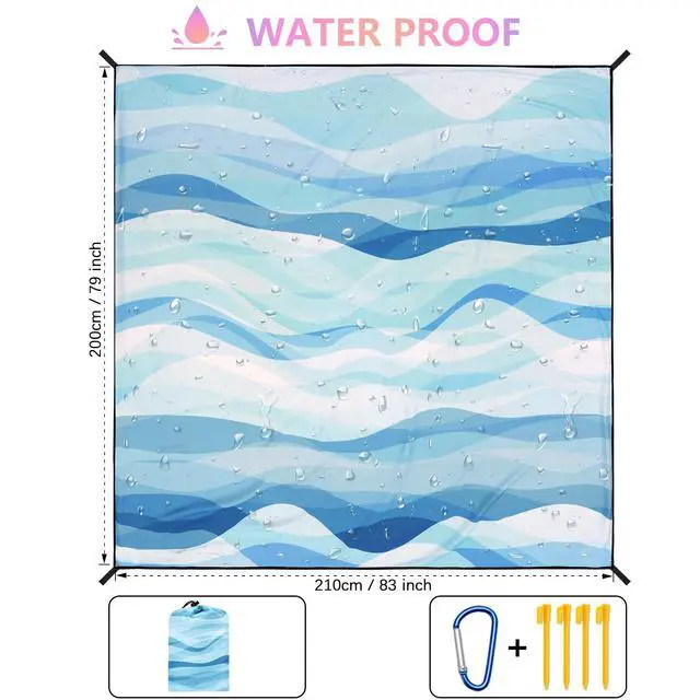 Alt view image 3 of 6 - Beach Blanket Waterproof Sandproof Beach Mat for 1-8 Adults Quick Drying Durable Outdoor Picnic Mat for Beach Festival Travel Camping Hiking (Ocean Wave-Multi Blue, 79"×83"(4 Person))