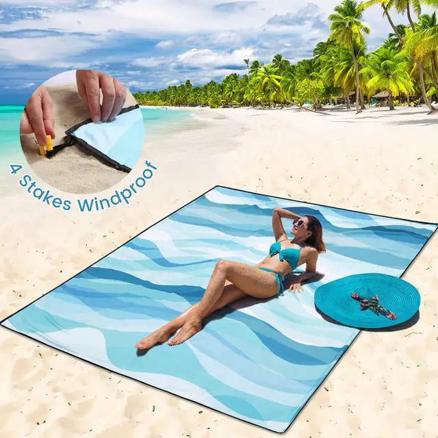 Alt view image 2 of 6 - Beach Blanket Waterproof Sandproof Beach Mat for 1-8 Adults Quick Drying Durable Outdoor Picnic Mat for Beach Festival Travel Camping Hiking (Ocean Wave-Multi Blue, 79"×83"(4 Person))