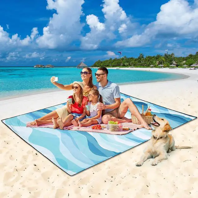 Alt view image 4 of 6 - Beach Blanket Waterproof Sandproof Beach Mat for 1-8 Adults Quick Drying Durable Outdoor Picnic Mat for Beach Festival Travel Camping Hiking (Ocean Wave-Multi Blue, 79"×83"(4 Person))