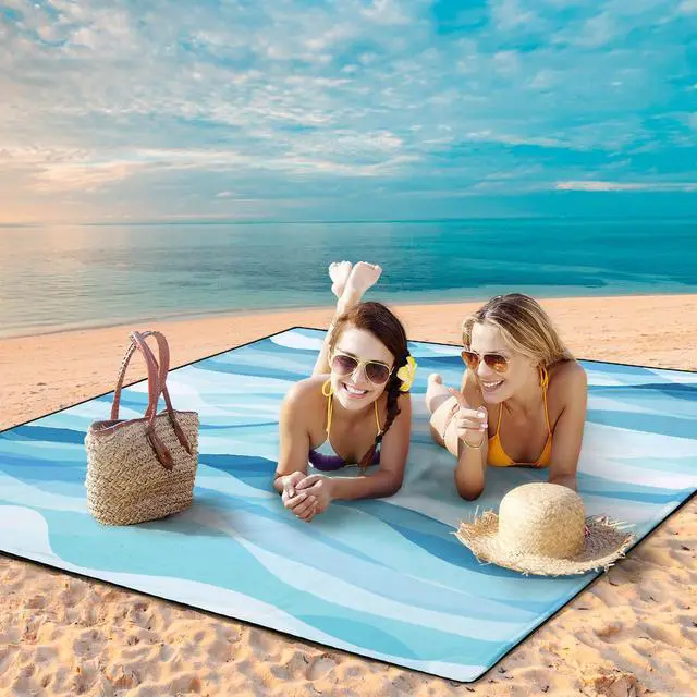 Alt view image 6 of 6 - Beach Blanket Waterproof Sandproof Beach Mat for 1-8 Adults Quick Drying Durable Outdoor Picnic Mat for Beach Festival Travel Camping Hiking (Ocean Wave-Multi Blue, 79"×83"(4 Person))