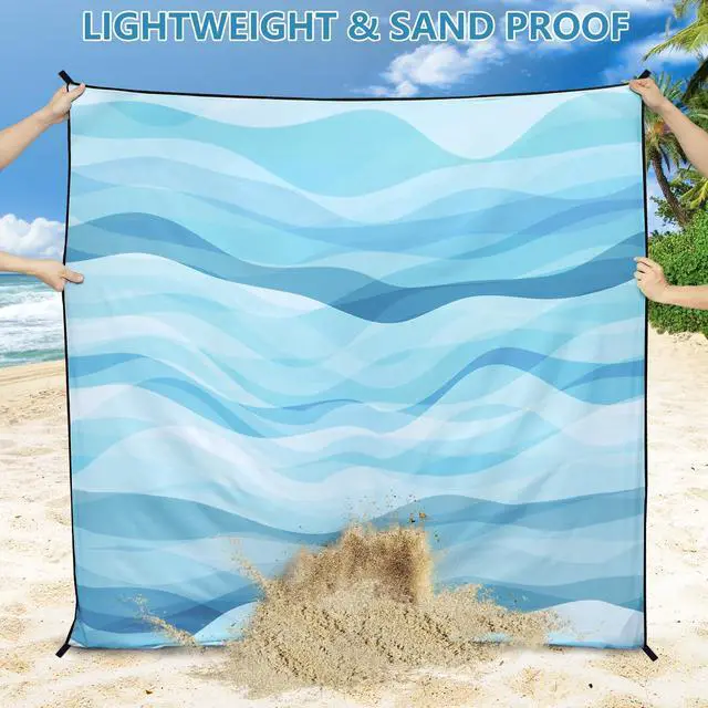 Alt view image 5 of 6 - Beach Blanket Waterproof Sandproof Beach Mat for 1-8 Adults Quick Drying Durable Outdoor Picnic Mat for Beach Festival Travel Camping Hiking (Ocean Wave-Multi Blue, 79"×83"(4 Person))