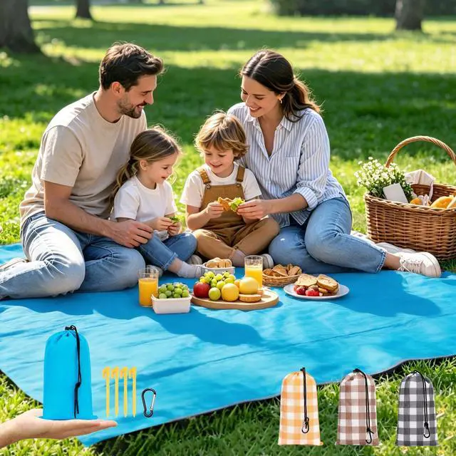 Main image of Pocket Picnic Blanket Sandproof Waterproof, Portable Lightweight Camping Tarp, Quick Dry Foldable Compact Beach Mat with Corner Pockets & Stakes for Festivals Hiking Outdoor Essentials