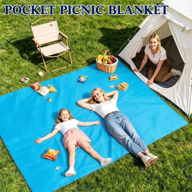 Alt view image 2 of 7 - Pocket Picnic Blanket Sandproof Waterproof, Portable Lightweight Camping Tarp, Quick Dry Foldable Compact Beach Mat with Corner Pockets & Stakes for Festivals Hiking Outdoor Essentials
