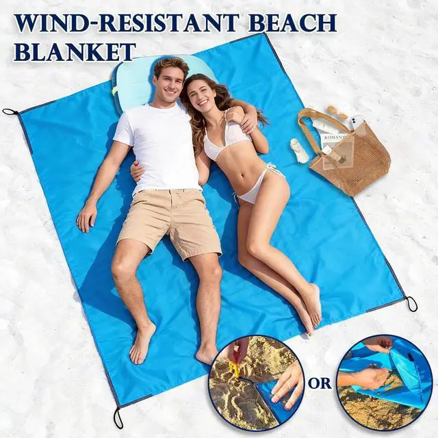 Alt view image 3 of 7 - Pocket Picnic Blanket Sandproof Waterproof, Portable Lightweight Camping Tarp, Quick Dry Foldable Compact Beach Mat with Corner Pockets & Stakes for Festivals Hiking Outdoor Essentials