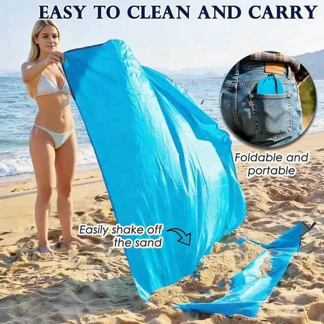 Alt view image 6 of 7 - Pocket Picnic Blanket Sandproof Waterproof, Portable Lightweight Camping Tarp, Quick Dry Foldable Compact Beach Mat with Corner Pockets & Stakes for Festivals Hiking Outdoor Essentials
