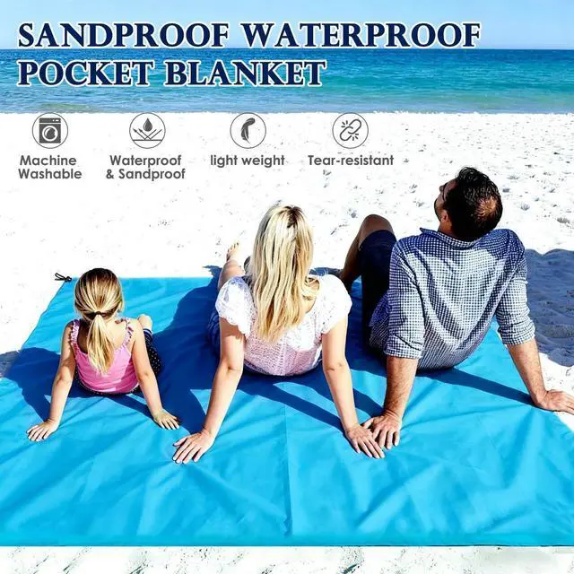 Alt view image 4 of 7 - Pocket Picnic Blanket Sandproof Waterproof, Portable Lightweight Camping Tarp, Quick Dry Foldable Compact Beach Mat with Corner Pockets & Stakes for Festivals Hiking Outdoor Essentials