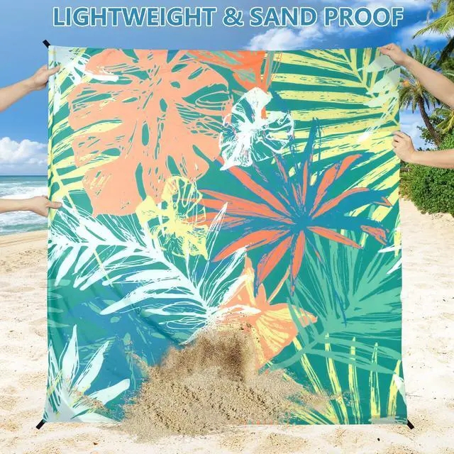 Alt view image 4 of 6 - Beach Blanket Waterproof Sandproof Beach Mat for 1-8 Adults Quick Drying Durable Outdoor Picnic Mat for Beach Festival Travel Camping Hiking (Colorful-Palm, 79"×83"(4 Person))