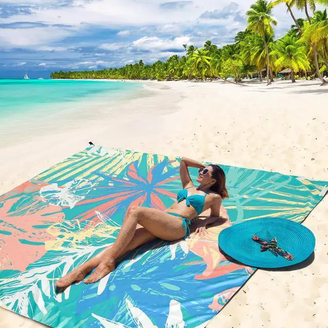 Alt view image 5 of 6 - Beach Blanket Waterproof Sandproof Beach Mat for 1-8 Adults Quick Drying Durable Outdoor Picnic Mat for Beach Festival Travel Camping Hiking (Colorful-Palm, 79"×83"(4 Person))