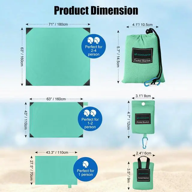 Alt view image 2 of 7 - Beach Blanket Picnic Blanket, 43.3" x 27.5" SandProof Waterproof Outdoor Pocket Blanket with Portable Bag, Foldable Lightweight Sand Free Mat for 1 People Hiking, Camping, Travel, Light Green