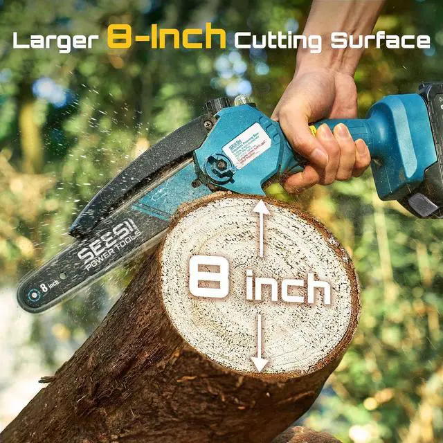 Alt view image 2 of 7 - Mini Chainsaw 8 inch,Cordless Chainsaw w/ 2pcs 2000mAh Batteries,Oiler System & Replacement Chain,Handheld Chain Saw w/Safety Lock,Battery Powered Chain saw for Wood Tree Cutting,CH820+
