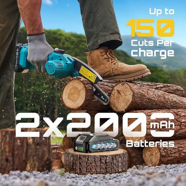 Alt view image 4 of 7 - Mini Chainsaw 8 inch,Cordless Chainsaw w/ 2pcs 2000mAh Batteries,Oiler System & Replacement Chain,Handheld Chain Saw w/Safety Lock,Battery Powered Chain saw for Wood Tree Cutting,CH820+