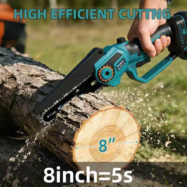 Alt view image 2 of 7 - 8" Electric Chainsaw Cordless with 2x4.0AH Batteries - Handheld Battery Operated Chainsaw for Tree Trimming, Wood Cutting, and Gardening | Ideal Gift for Men, Dads, HusbandsUpgrade Brushless Motor)