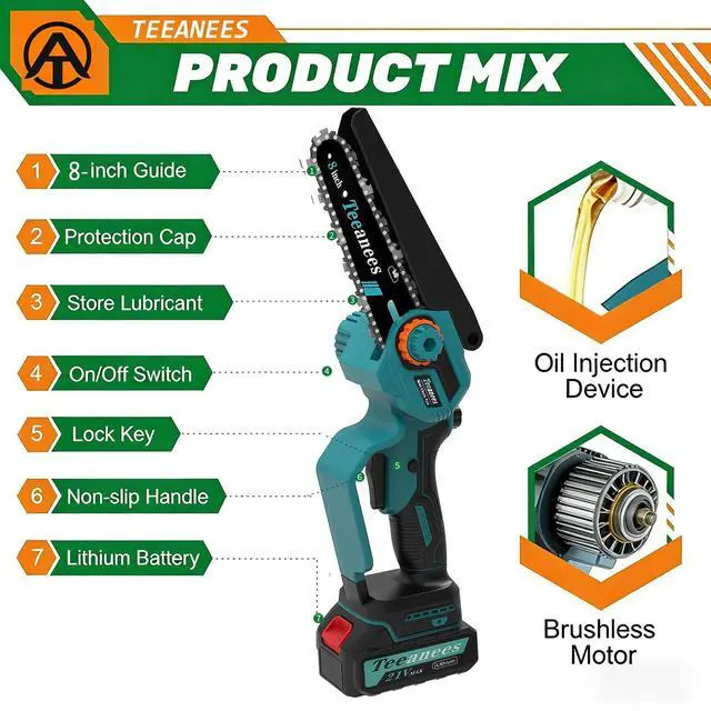 Alt view image 7 of 7 - 8" Electric Chainsaw Cordless with 2x4.0AH Batteries - Handheld Battery Operated Chainsaw for Tree Trimming, Wood Cutting, and Gardening | Ideal Gift for Men, Dads, HusbandsUpgrade Brushless Motor)