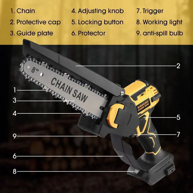 Alt view image 7 of 7 - Mini Chainsaw for Dewalt 20V MAX Battery, 8-Inch Brushless Cordless Pruning Chainsaw, 24.6FT/S Fast Powerful Cutting, 4000RPM Electric for Wood Cutting(Battery Not Included) (Yellow)