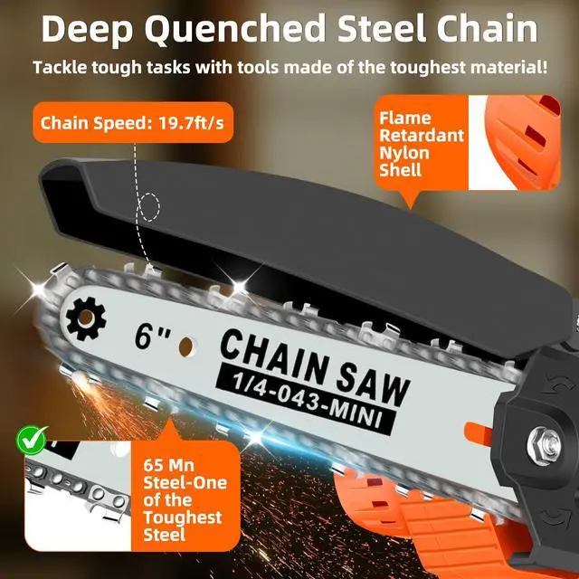Alt view image 7 of 7 - 6-Inch Mini Cordless Chainsaw, Battery Powered Hand Held Electric Saw, High Speed Portable Saw for Tree Trimming, Branch Pruning, Wood & Soft Metal Cutting, Automatic Lubrication and Safety Protection