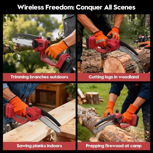 Alt view image 6 of 7 - Mini Chainsaw for Milwaukee 18V Battery, Auto-Oiler, 8-Inch and 6-Inch 2-IN-1 Brushless Cordless Pruning Chainsaw, 750W Chain saw 4000RPM for Wood Cutting, Tree Trimming (NO Battery) (Red)