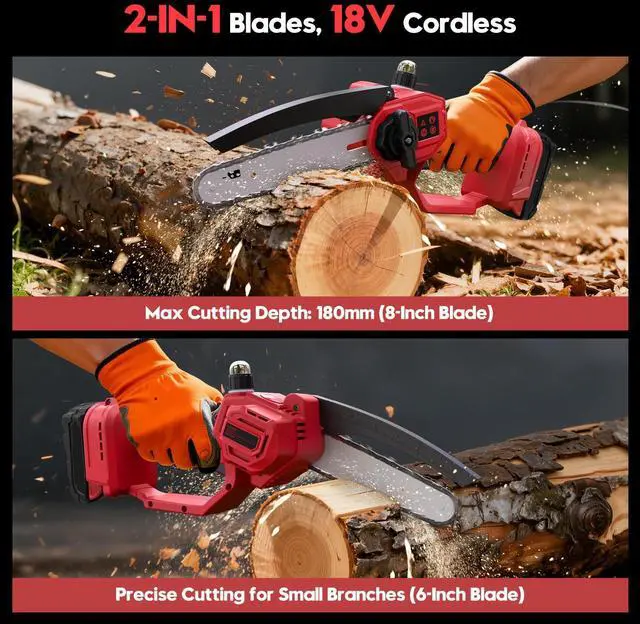 Alt view image 7 of 7 - Mini Chainsaw for Milwaukee 18V Battery, Auto-Oiler, 8-Inch and 6-Inch 2-IN-1 Brushless Cordless Pruning Chainsaw, 750W Chain saw 4000RPM for Wood Cutting, Tree Trimming (NO Battery) (Red)