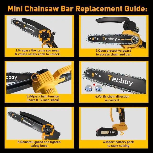 Alt view image 6 of 7 - 8 Inch Mini Electric Chainsaw Cordless, 6 Inch Portable Chain Saw for Makita 18V Battery Powered Saws Small HandHeld Saw with 2 Batteries Yard Tool Tree Trimming Wood Cutting Gifts Men Dad(GoldYellow)