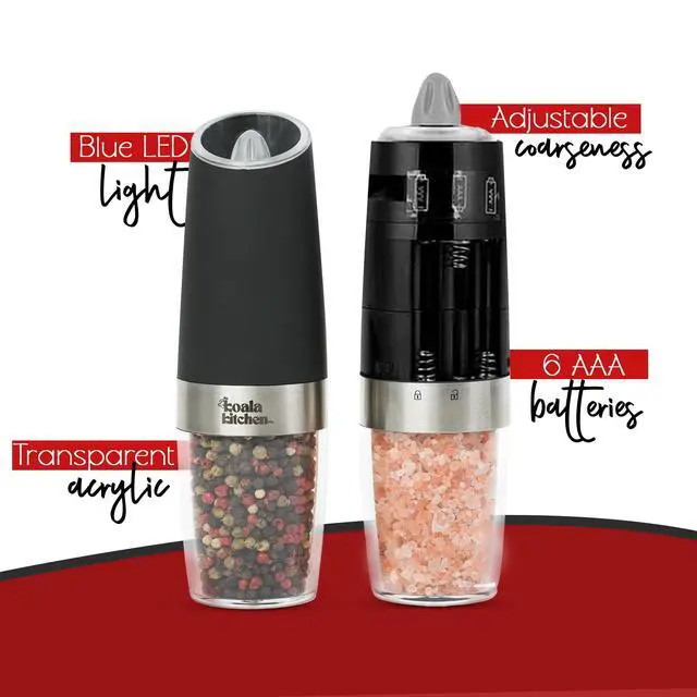 Alt view image 2 of 6 - Gravity Electric Salt and Pepper Grinder Set - Stainless Steel Salt and Pepper Shakers Adjustable Coarseness - Blue Light Battery Operated Salt and Pepper Mills, 2 Pack (Black)