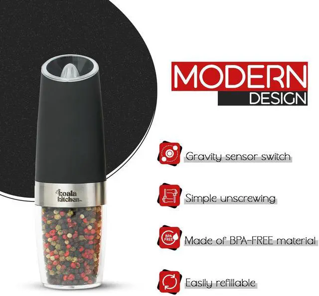 Alt view image 3 of 6 - Gravity Electric Salt and Pepper Grinder Set - Stainless Steel Salt and Pepper Shakers Adjustable Coarseness - Blue Light Battery Operated Salt and Pepper Mills, 2 Pack (Black)