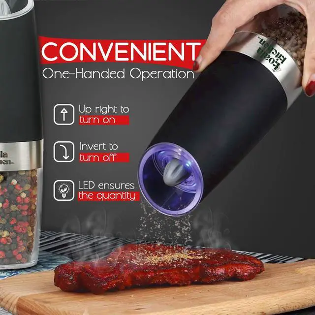 Alt view image 4 of 6 - Gravity Electric Salt and Pepper Grinder Set - Stainless Steel Salt and Pepper Shakers Adjustable Coarseness - Blue Light Battery Operated Salt and Pepper Mills, 2 Pack (Black)