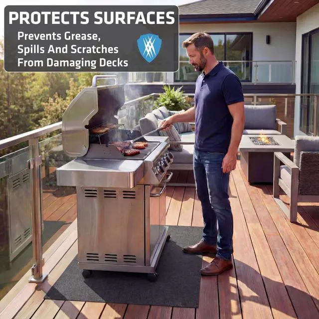 Alt view image 2 of 7 - Under Grill & Griddle Mat, Absorbent, Waterproof, Easy To Clean, Reusable, Deck Protector for Outdoor Gas Grill, BBQ Floor Mat for Patio, Grease & Oil Trap Pad (USA Made) (Charcoal, 36" x 59")