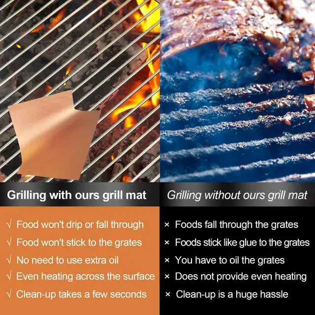 Alt view image 2 of 7 - Copper Grill Mats 6-Pack, Non-Stick PFOA-Free, 500°F Heat Resistant, Easy Clean, Cut-to-Fit for Gas/Charcoal/Infrared Grills, Camping Accessories for Steak Chicken Fish Vegetables
